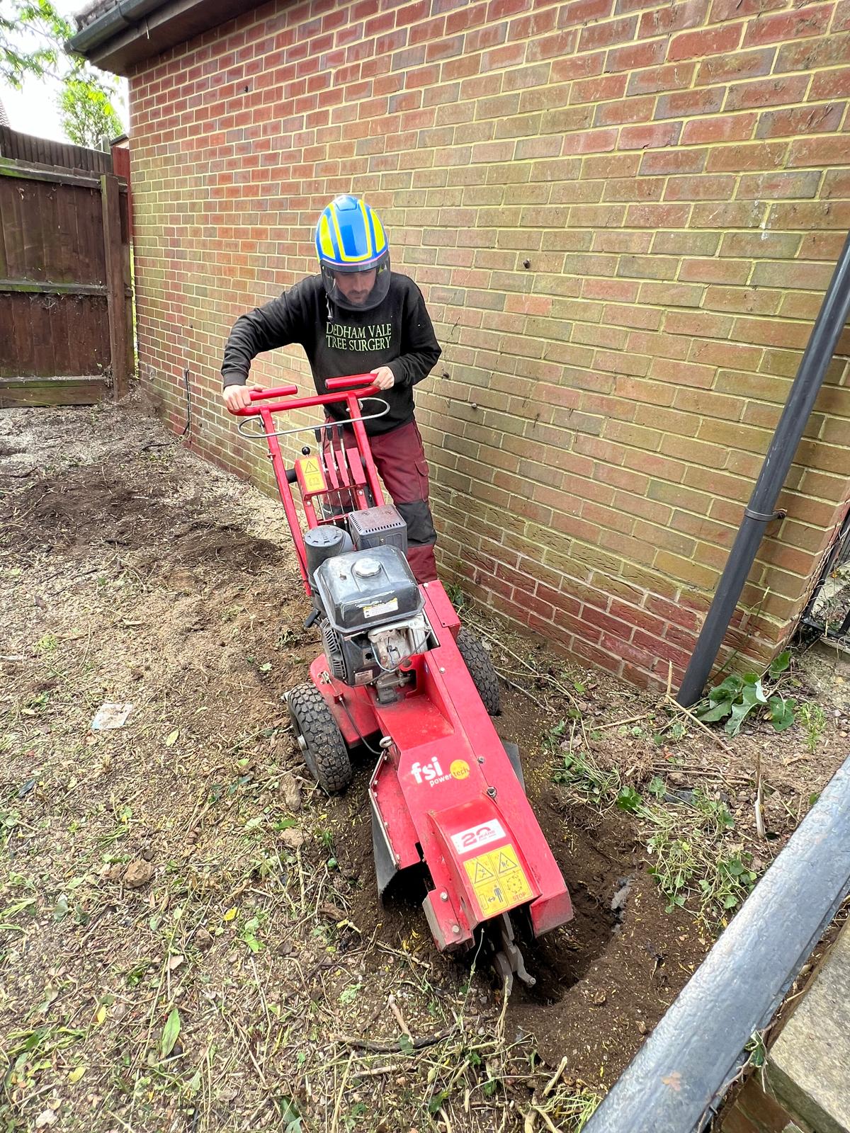 Compact stump grinder being used by Dedham Vale Tree Surgery